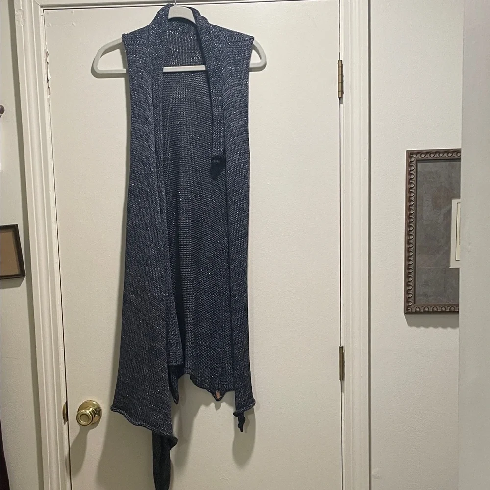Skif Skifo Metallic Threaded Navy Open Front Lagenlook Asymmetrical Cardigan